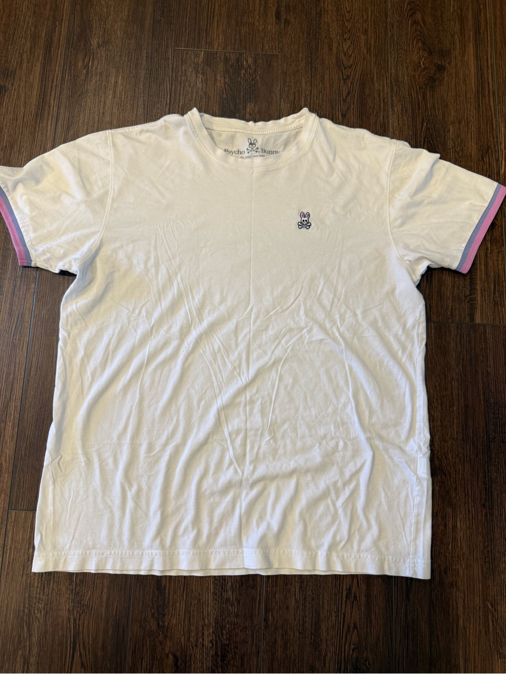 Psycho Bunny White Short Sleeve Tee with Pink & Purple Cuff Trim